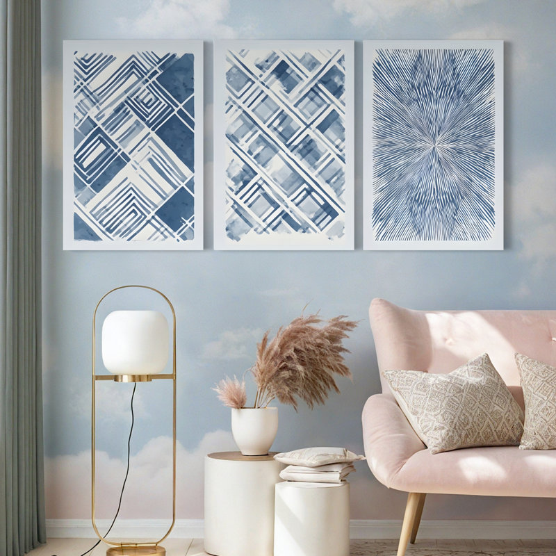 Motif géométrique abstrait bleu, impression sur toile, ensemble de 3, H 18 po x l 36 po