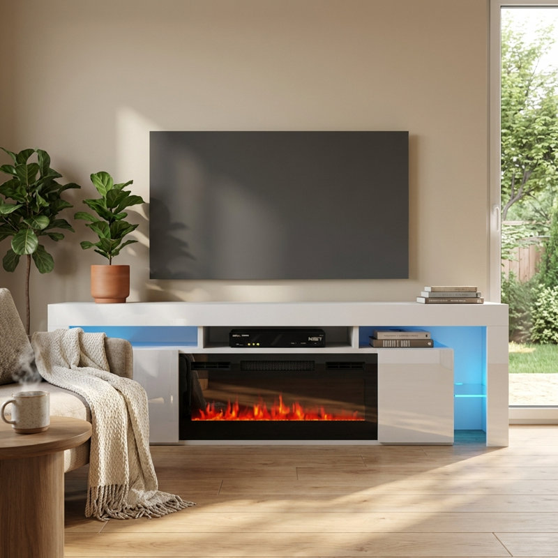Soleo 78.7" Modern TV Stand with Electric Fireplace, High Gloss Finish, Media Storage, White