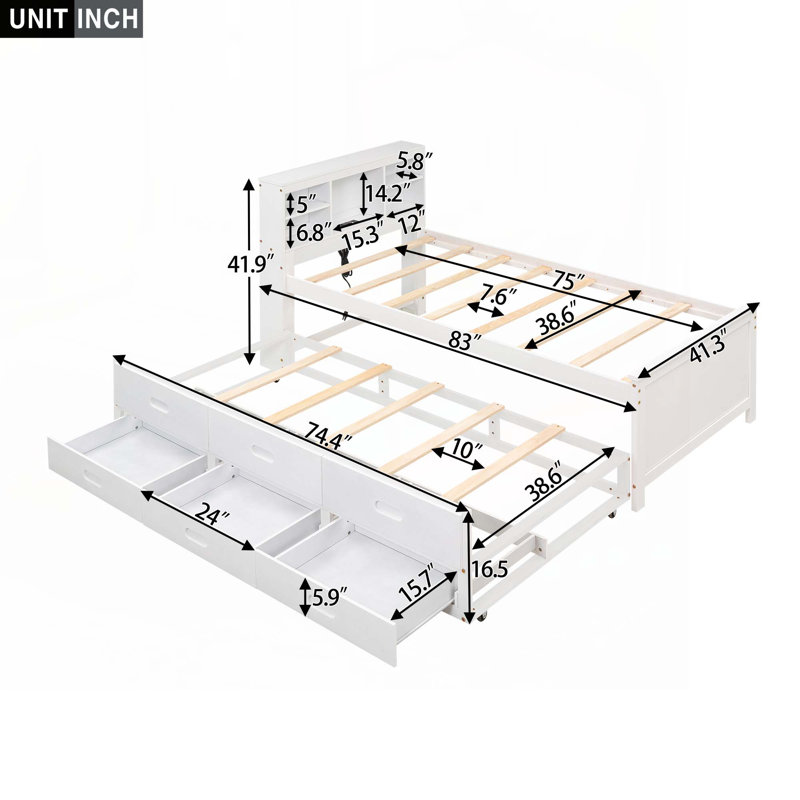 Platform Bed with Storage Headboard, Twins, White
