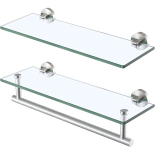 16-Inch Glass Bathroom Shelves With Towel Bar 2 Pack, Wall Mounted Floating Shelf, SUS304 Stainless Steel Brushed Finish For Bathroom Storage