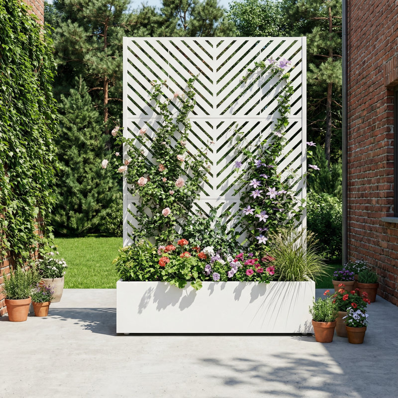 Euel Metal Planter Box with Trellis and Wheels, 72" H x 47" W x 16" D, White, 1