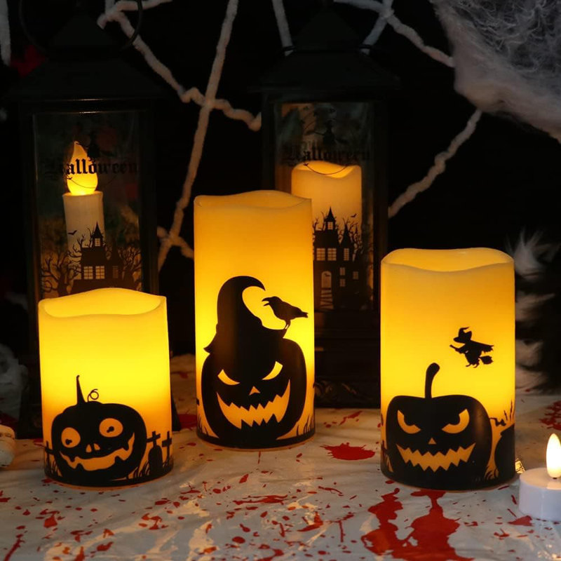 3 Pack Halloween Flameless LED Pillar Candles: 6H Timer, Battery-Operated, Real Wax with Pumpkin Decals, 3x4"/5"/6"