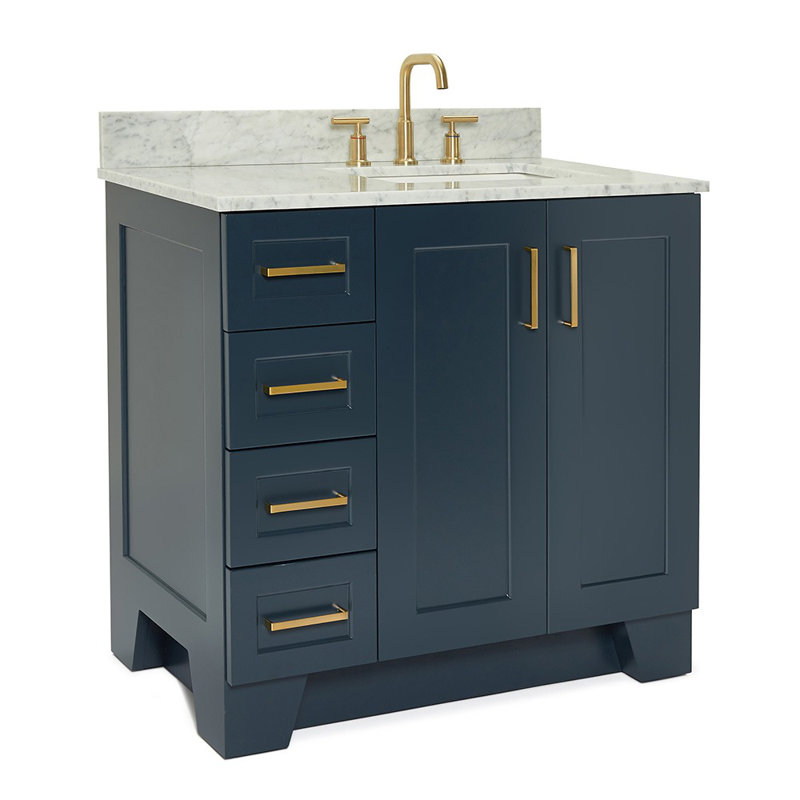 Freitas 37'' Solid Wood Single Bathroom Vanity in Midnight Blue with 0.75'' Carrara Marble Top, Right Offset, Rectangle Sink