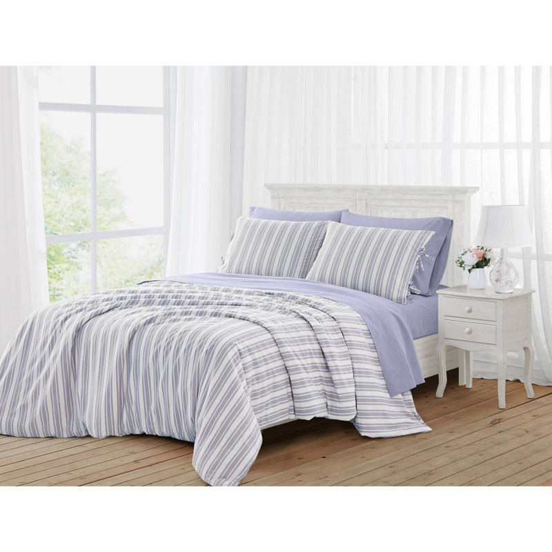 The Farmhouse by Rachel Ashwell Wide Ticking Stripe Comforter Set, Twin Comforter + 1 Standard Sham, White/Purple