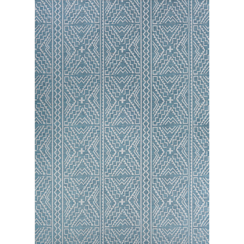 Bleu géométrique/Ivoire intérieur/Tapis décoratif extérieur temple Cloud, Rectangle 2 pi x 3 pi 7 po