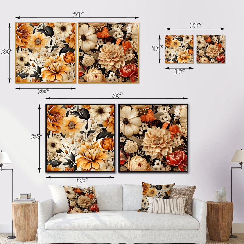 Cuscute - Ensemble de 2 collages carrés floraux, Cadre flottant noir, H 16 po x l 33 po