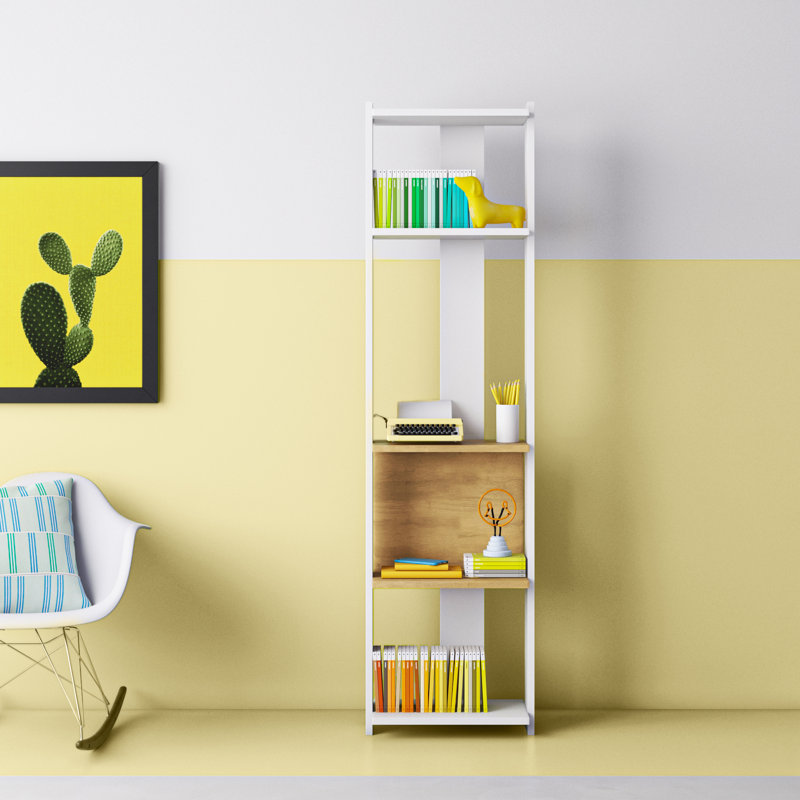Stylish White w/ Oak Bookshelf, 5 Shelves, 64.9 x 10.6 x 65.0 inches | 100% Melamine Coated Particle Board, Thickness: 0.7 inches | Wall-Mountable, Modern Design Perfect for Living Room, Office w/ Study