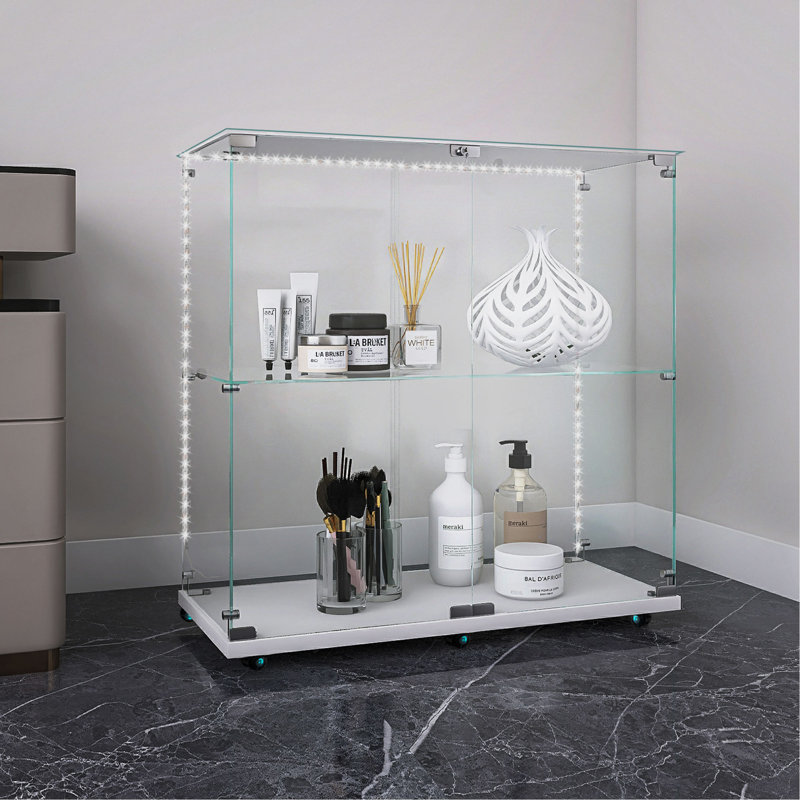Vitrine en verre trempé, armoire à vin, armoire de rangement, classeur, avec bande lumineuse à DEL Bluetooth, roulettes pivotantes verrouillables, convient aux sols inégaux, peut être placé n'importe où