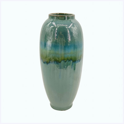 Vase décoratif en céramique 17,7 "de haut avec glacis réactif bleu et vert, vase émaillé artisan