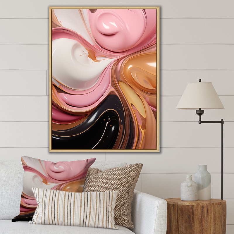 «Whimsical Lquid» rose et or Glam Art - formes abstraites sur toile, H 44 po x l 34 po x P 1,5 po, Cadre naturel flottant