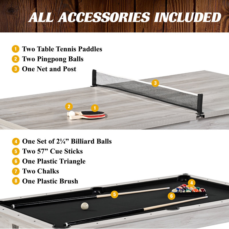 Barrington Billiards Monteray 3-in-1 Combination Table includes 7’ Billiard Table, Table Tennis and Dining Top with Game Accessories & Rolling Storage Caddy