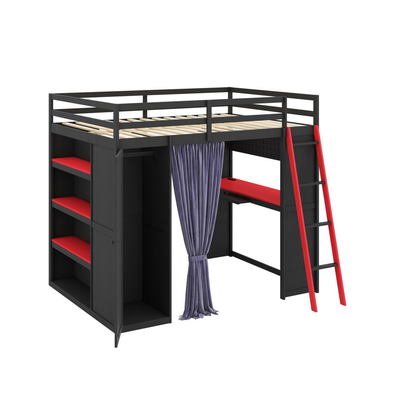 Full Size Wood Loft Bed With,Wardrobe,Shelves,Blackout Curtains,And RGB Lights, Black/Red
