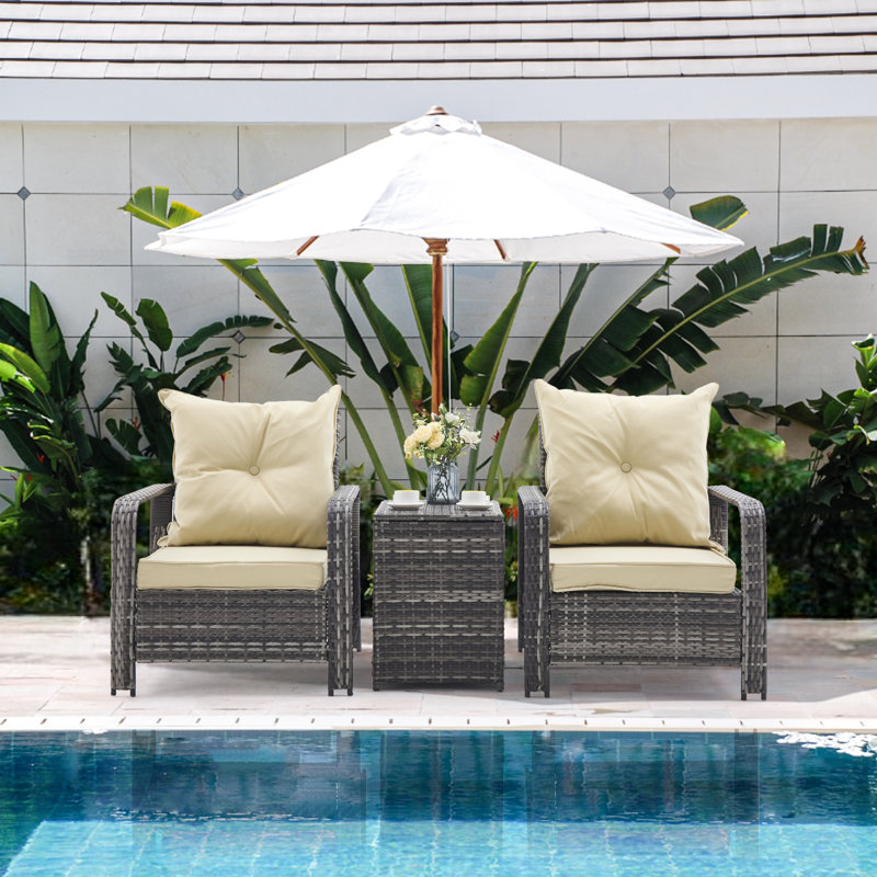 3-Piece Outdoor Rattan Furniture Set, Modern Patio Seating Group With Tufted Cushions And Storage Table, Beige
