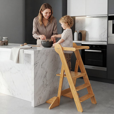 35.4'' Foldable Adjustable Toddler Stool with Safety Rail, Kids Wooden Learning Tower