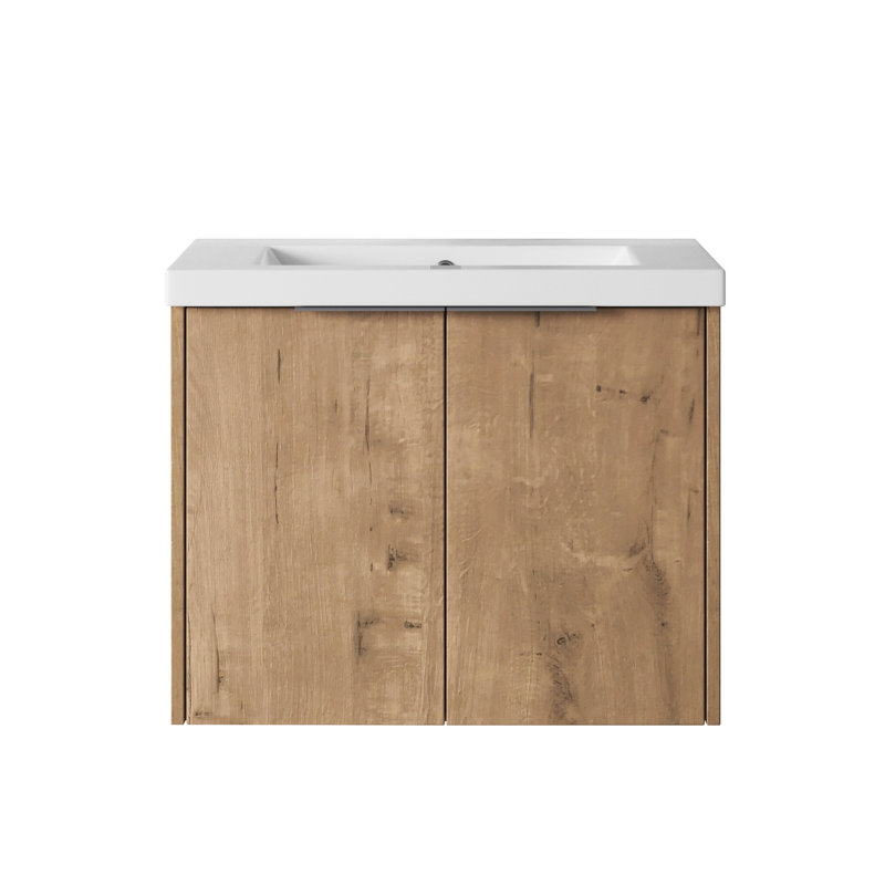 Armoire de salle de bain murale en résine - 24 po, style moderne, portes à fermeture douce, contreplaqué, abat-jour imitation chêne