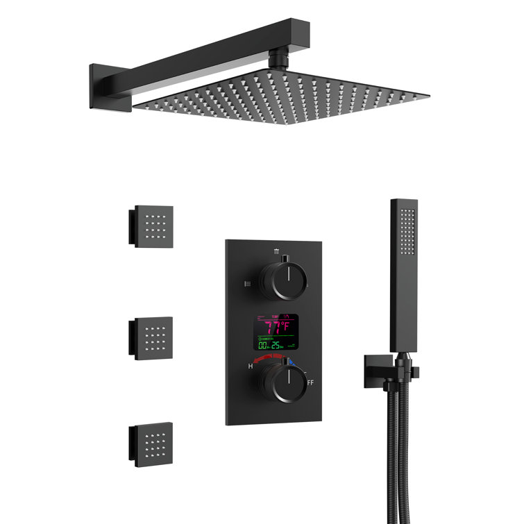 Pressure Balanced  LCD Display Shower System 12" Rain Shower Faucet with Rough-in Valve