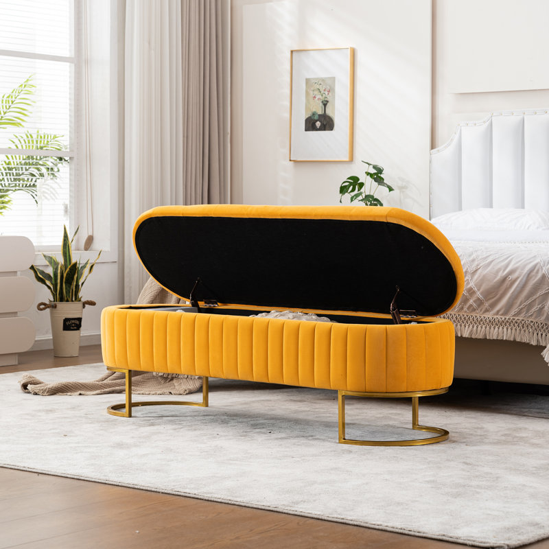 Shaneta 55" Velvet Storage Bench with Gold Legs, Mustard