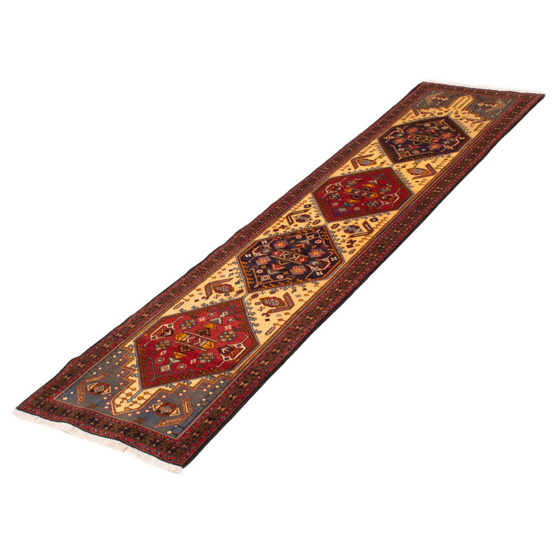 Tapis de couloir unique en laine noué à la main de style nouvel âge 2 pi 4 po x 9 pi 4 po Jesse-James crème / rouge / bleu marine foncé