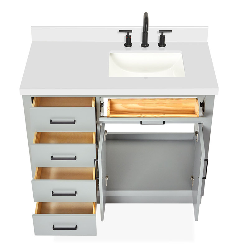 Meuble-lavabo simple en bois massif 42 po Tidworth avec plateau en quartz blanc 1,5 po, Oui, Forme rectangulaire, Gris