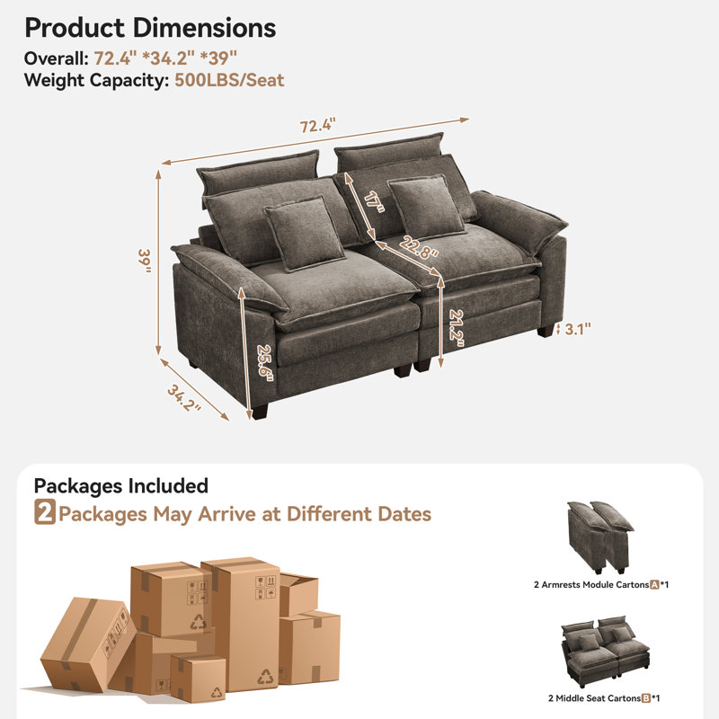 Kingsbridge 72" W Cloud Modern Loveseat with Detachable Headrest, Brown