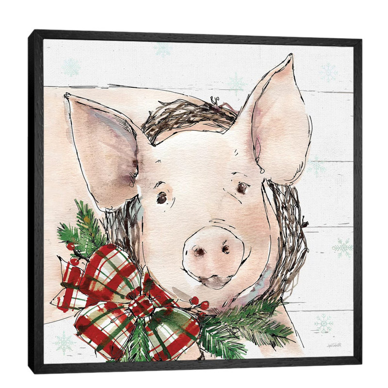 Christmas Pig by Anne Tavoletti - Floater Frame Painting on Canvas, Black Framed, 93.98 cm H x 93.98 cm W