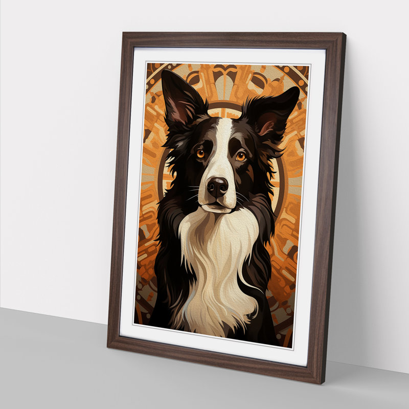 Border Collie Deco No.3 - Single Picture Frame Print on Wood, 34cm H x 25cm W x 2cm D, Walnut