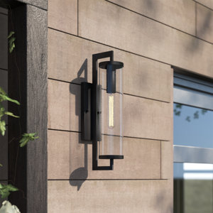 Dunston Natoli Matte Black 1 - Bulb Seeded Glass Outdoor Armed Sconce with Dusk to Dawn