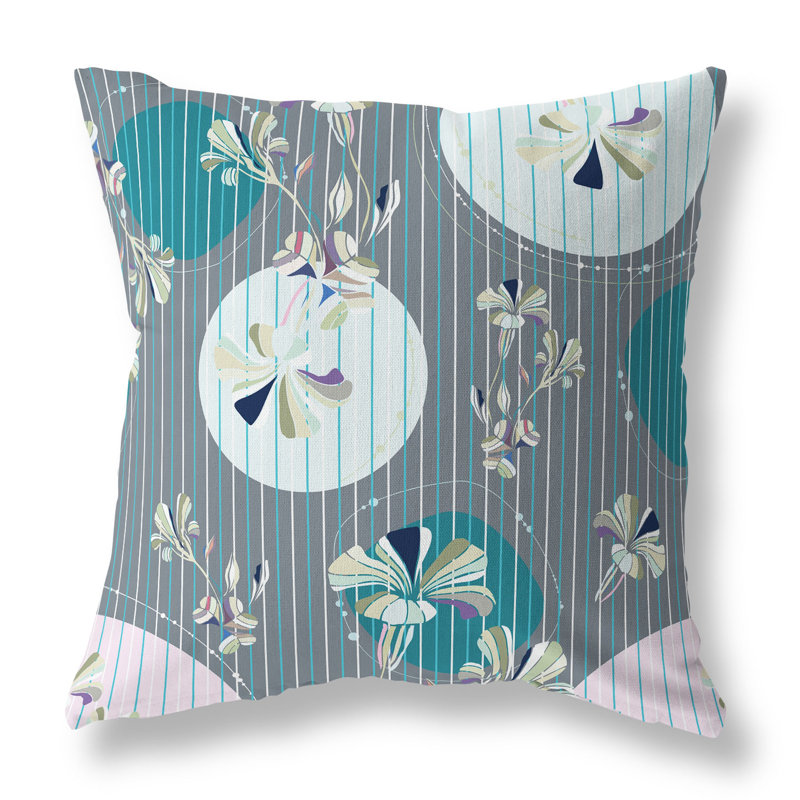 Coussin décoratif réversible intérieur / extérieur Circular Garden, H 16 po x l 16 po, Cyan / gris