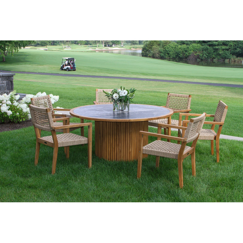 Cava 7 Pc. Round Teak & Stone Dining Table With Nautical Rope Armchairs, Gray, White/Natural