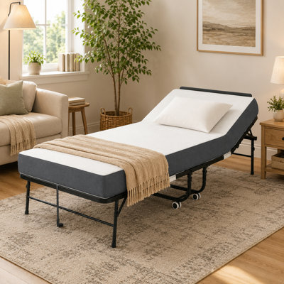 Industrial Metal Folding Bed Adjustable Headboard Memory Foam Portable Guest Bed with Wheels