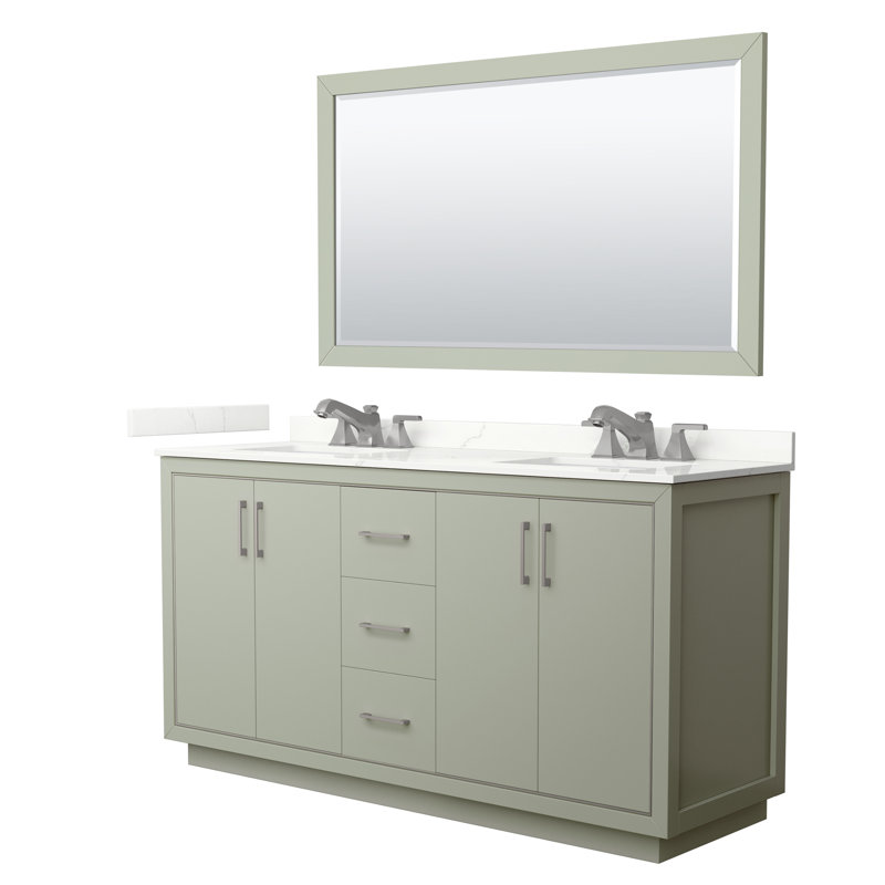 Meuble-lavabo double autoportant 66 po avec plateau en quartz 66 po, Quartz Giotto, Vert clair, Nickel brossé