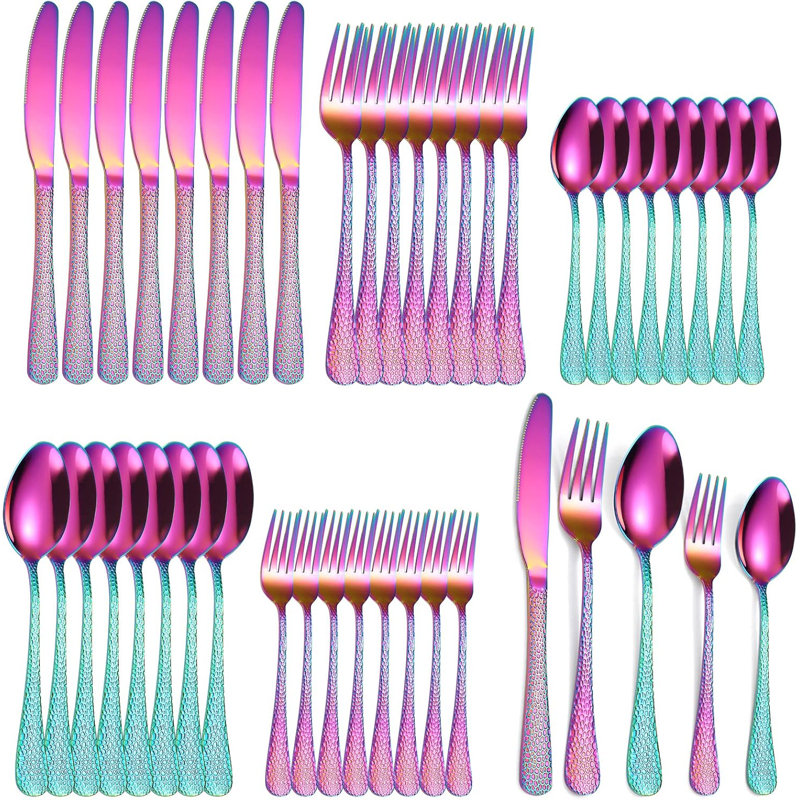 Ensemble de couverts 40 pièces pour 8 ustensiles de cuisine en acier inoxydable avec poignées martelées élégantes pour un usage quotidien et des occasions spéciales