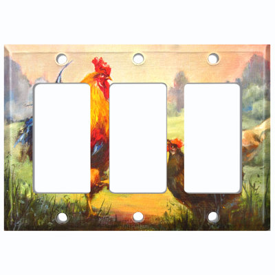 Rooster Chicken Hen Forest Trees Art 3-Gang Wall Plate -  WorldAcc, F-R3-PNT029