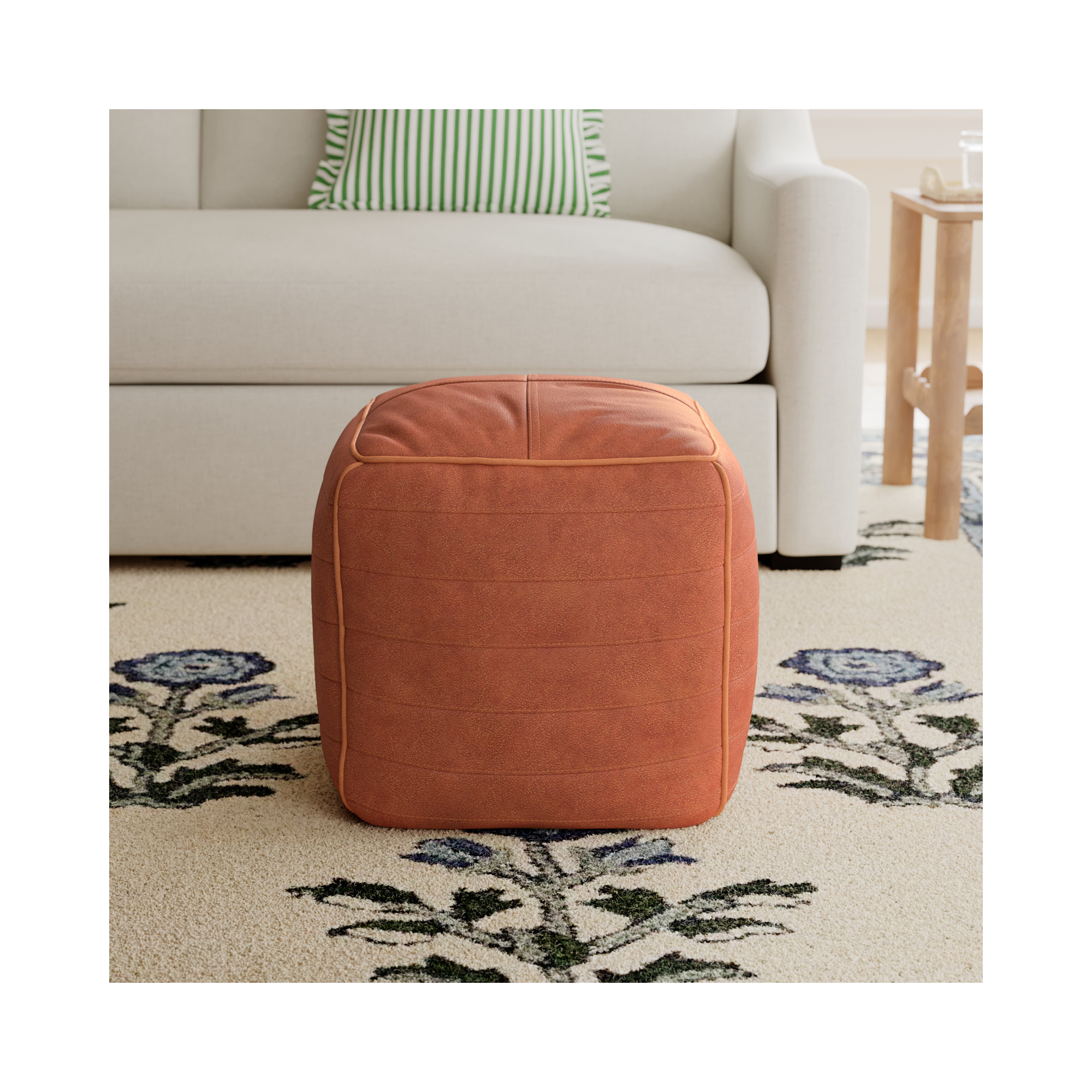 Shari Leather Pouf, Brown Genuine Leather