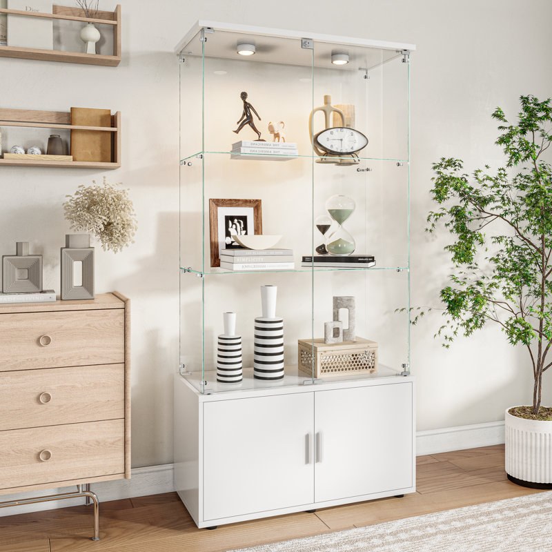Malaia 3-Tier Glass Display Cabinet With LED Light & Door Lock, White
