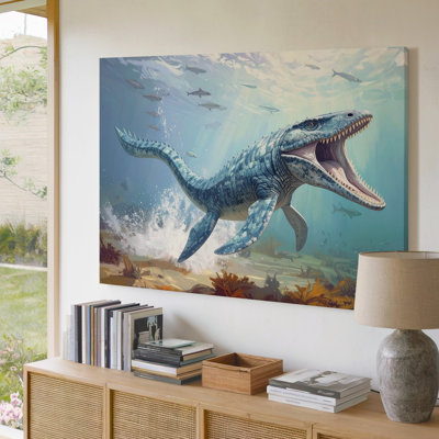 A Massive Aquatic Dinosaur Likely A Mosasaurus Bursts Through A Swirling Underwater Canvas Wall Art Premium Quality Ready To Hang Modern