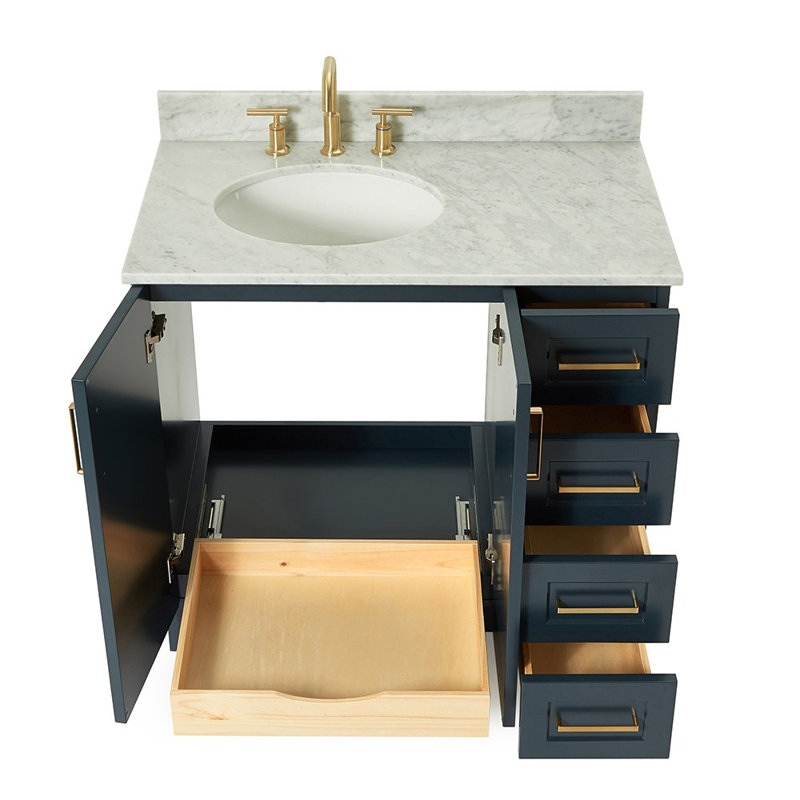 Ensemble de meuble-lavabo simple 37 po en bois massif bleu minuit avec plateau en marbre de Carrare 0,75 po Freitas, Gauche