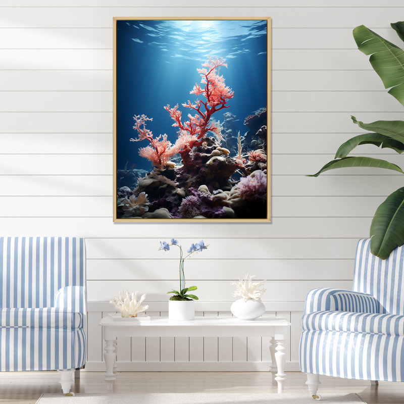 «Pink Coral Coastline Symphony», reproduction sur toile, Cadre naturel flottant, H 44 po x l 34 po x P 1,5 po
