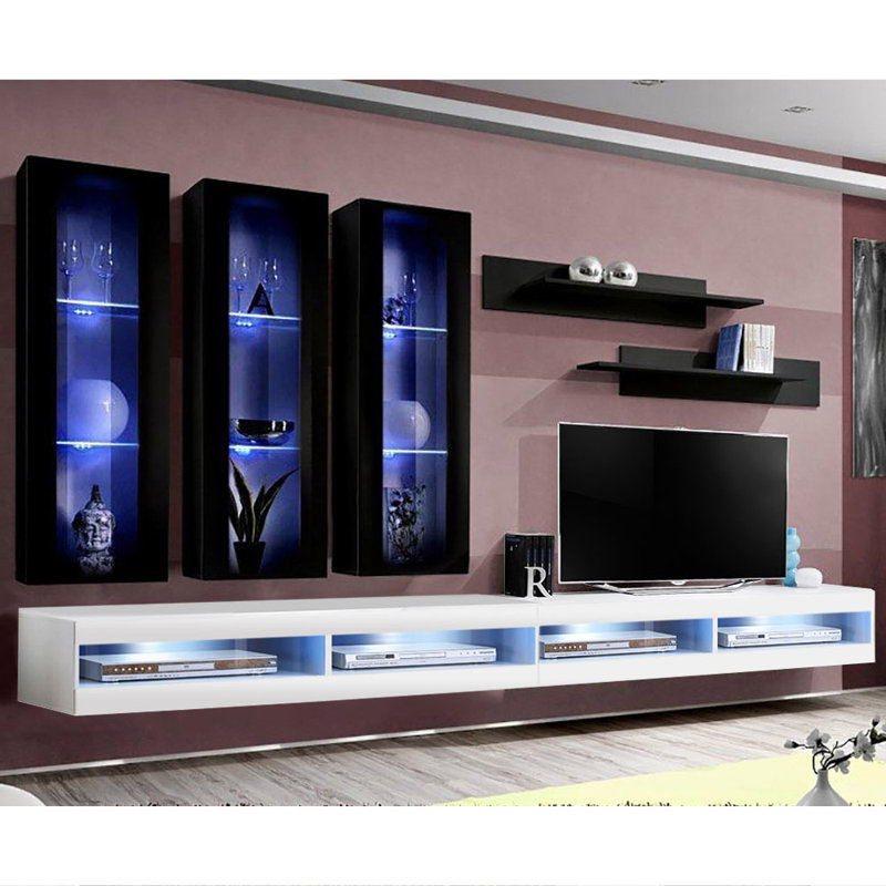 Flye 126" Modern Floating Wall Mounted Entertainment Center with 16-Color LED Lighting, High Gloss Finish, Black/White