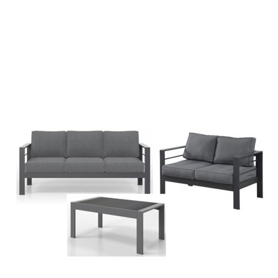 Ensemble de conversation de patio 3 pièces en aluminium 3 pièces, canapé d'extérieur 5 places avec coussins épais gris foncé et structure grise et table basse