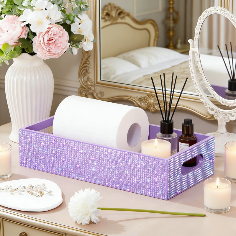 Sparkling Rhinestone Bathroom Storage Basket With Handle, Toilet Tank Tray And Vanity Organizer For Bathroom Decor And Countertop Organization