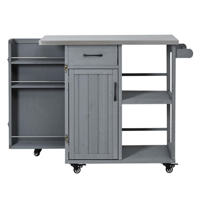 Durable Outdoor Kitchen Island With Stainless Steel Top, Ample Storage, And Lockable Wheels For Patio Use, Grey