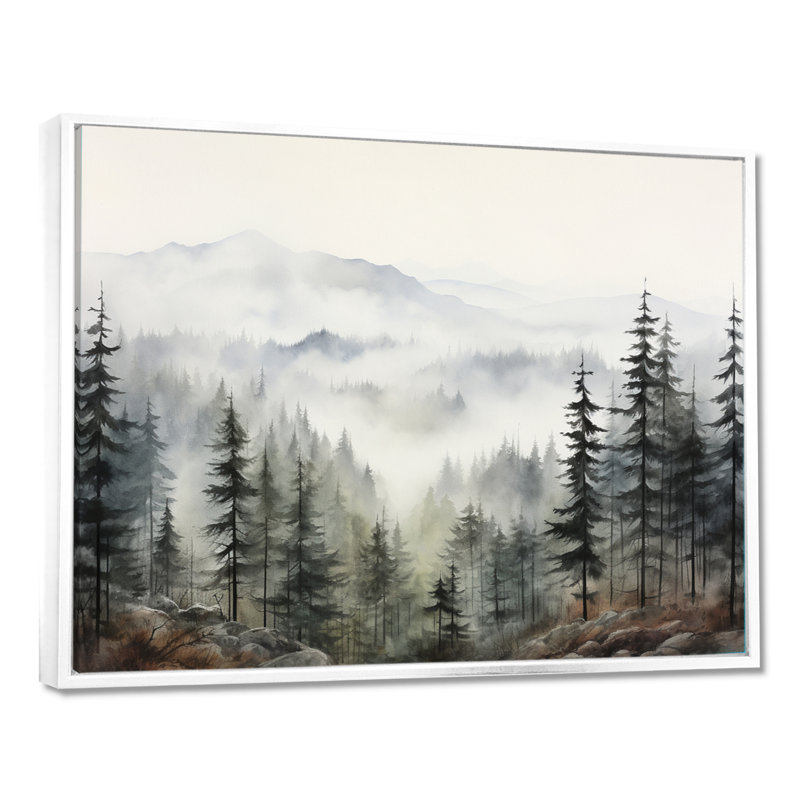 «Pine Misty Mountain II» sur toile, H 34 po x l 44 po, Reproduction avec cadre flottant, Blanc