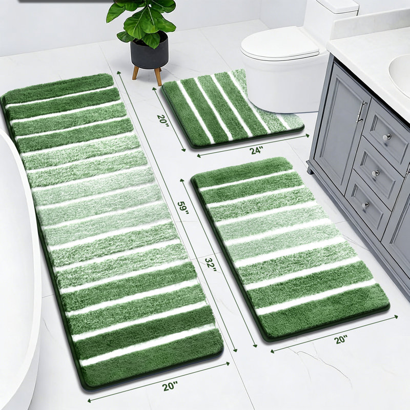 Absorbent Non-Slip Striped Bath Mat Bathroom Rug (Set Of 3), Green