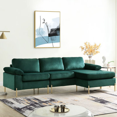 Velours 3 - siège en L en forme de L avec style Mid-Century et esthétique, structure en bois massif, pieds élégants en laiton doré, coussins rembourrés amovibles de conception et d'ingénierie