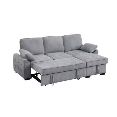 91"W Chenille Fabric Reversible Sleeper Sectional With Storage Chaise, Drop-Down Table, Cup Holders And Charging Ports