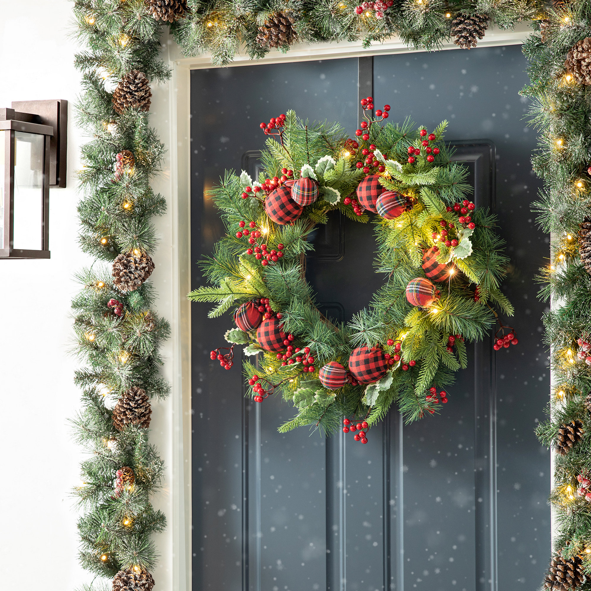 24"D Christmas Ornament Berry Holly Pine Wreath With Lights