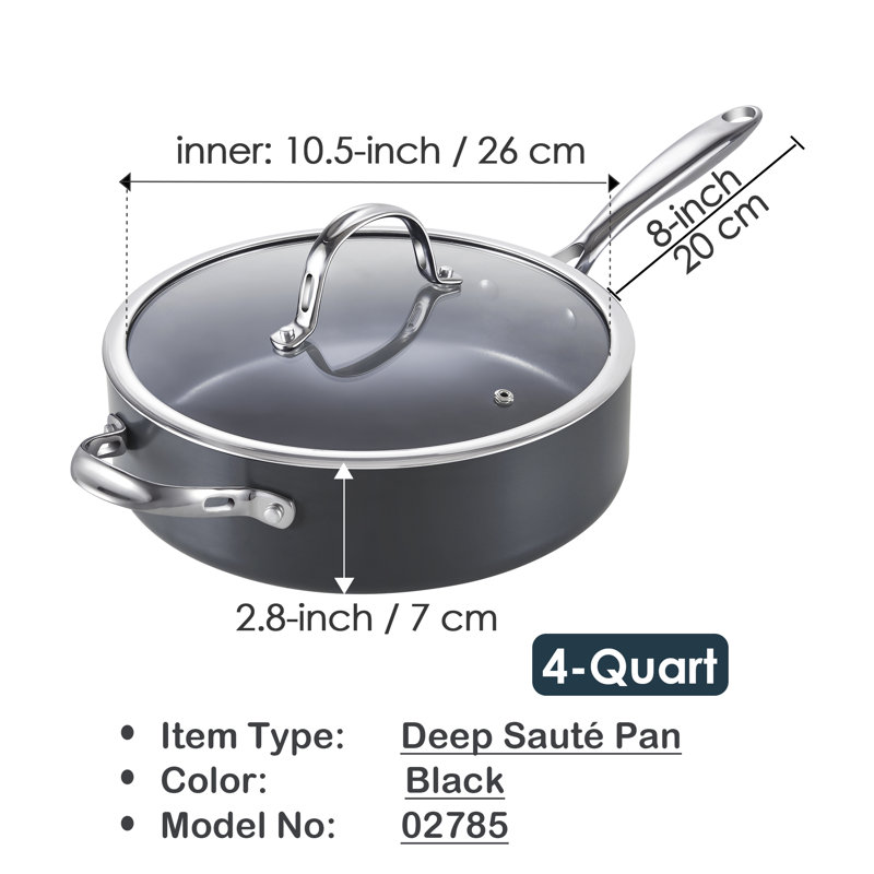 10.5-inch Black Aluminum Nonstick Deep Sauté Pan with Lid
