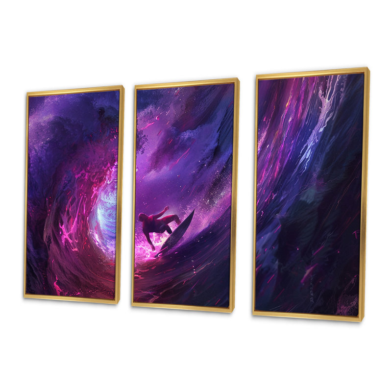 Ensemble de salon Surfeur au milieu du coucher de soleil mauve - Surf Wall Art, Cadre flottant doré