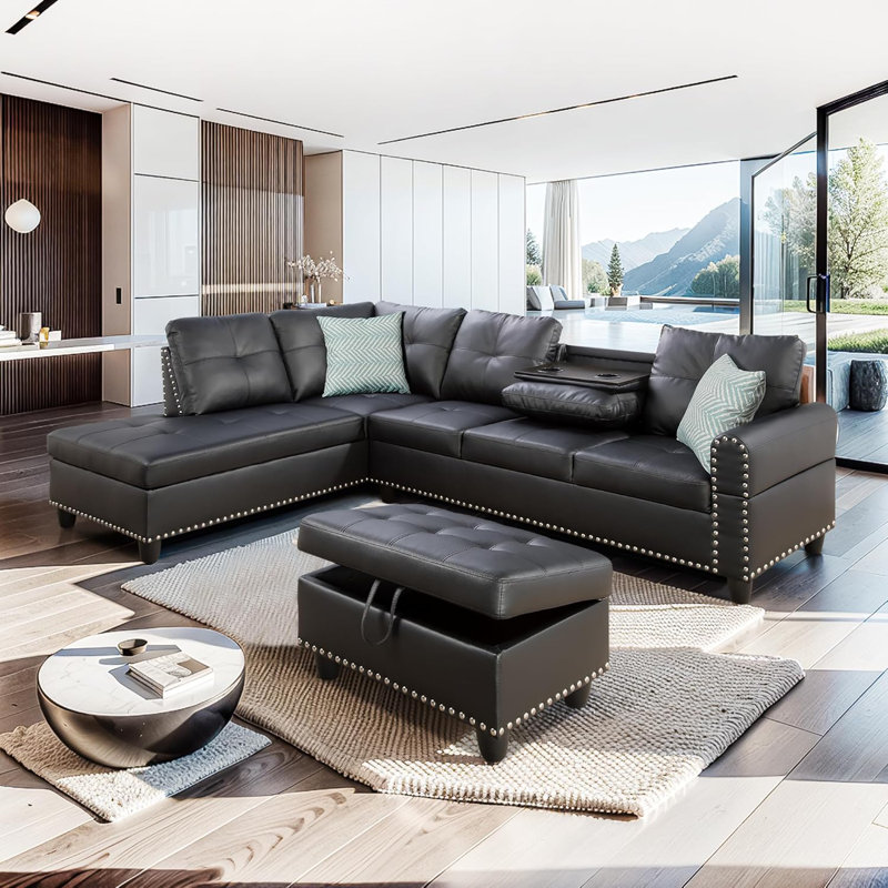 Canapé modulaire en cuir synthétique 3 pièces, Similicuir noir